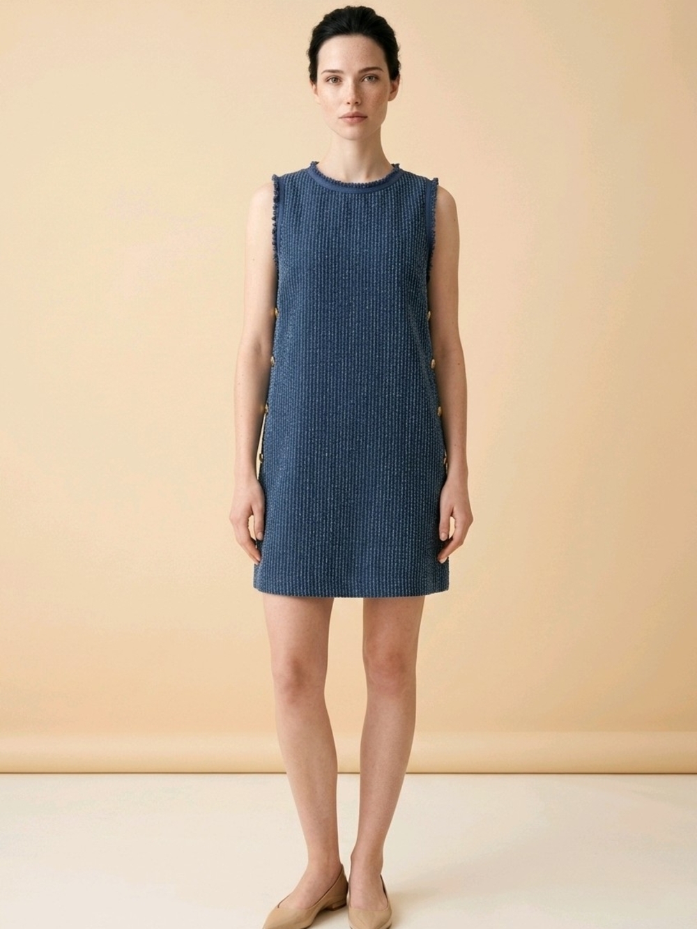 entro Textured Sleeveless Shift Dress in Denim Blue